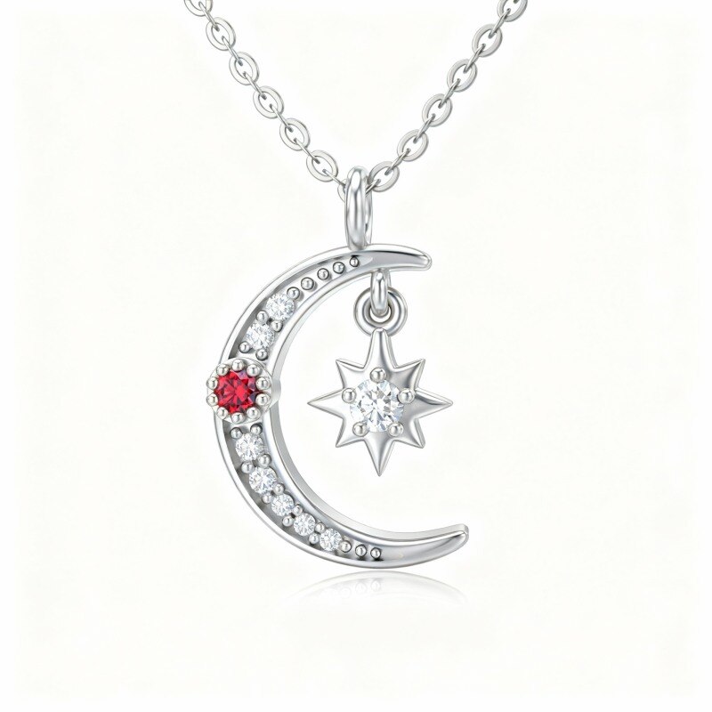 18K White Gold Moissanite Moon & Star Pendant Necklace-1