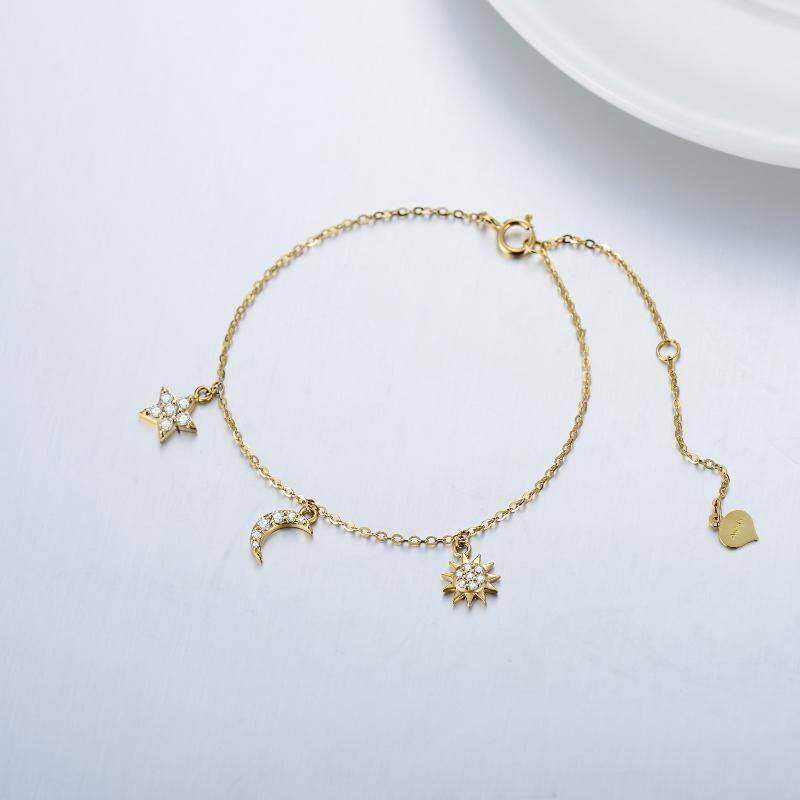 10K Gold Moissanite Moon Star Sun Charm Bracelet For Women-3