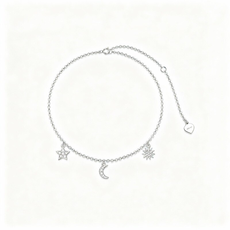 10K White Gold Moissanite Moon & Star & Sun Charm Bracelet-19