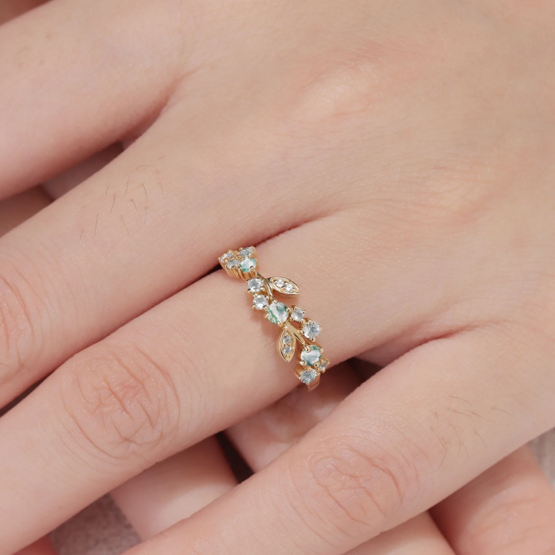 Sterling Silver with Yellow Gold Plated Moissanite & Moss Agate Leaves Ring-2