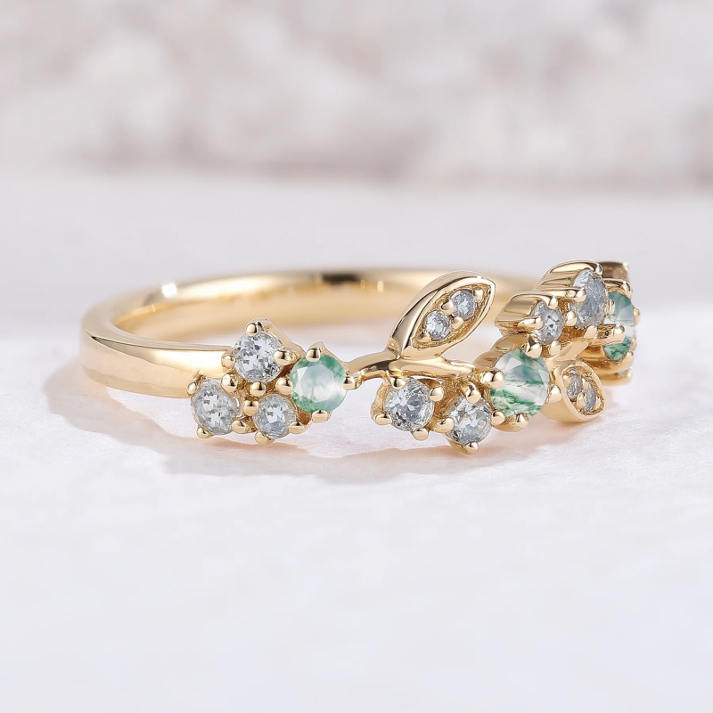 Sterling Silver with Yellow Gold Plated Moissanite & Moss Agate Leaves Ring-3