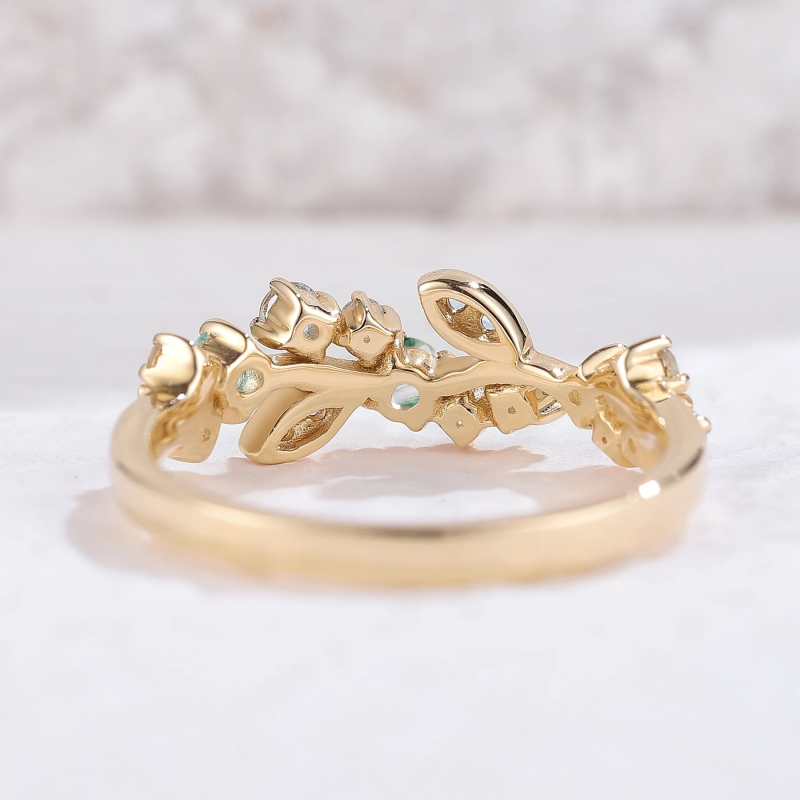 Sterling Silver with Yellow Gold Plated Moissanite & Moss Agate Leaves Ring-4
