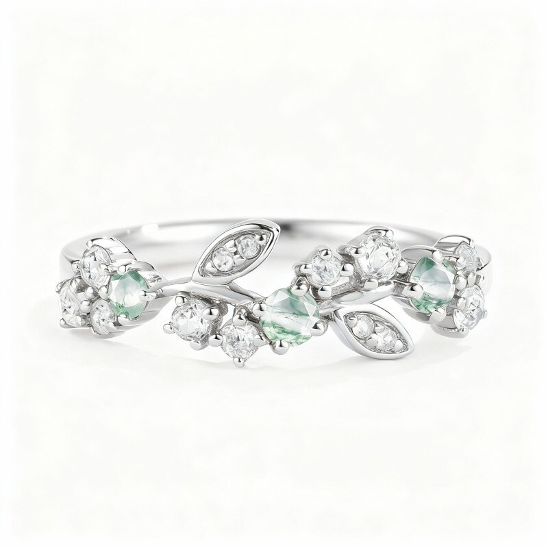 Platinum with White Gold Plated Moissanite & Moss Agate Leaves Ring-1