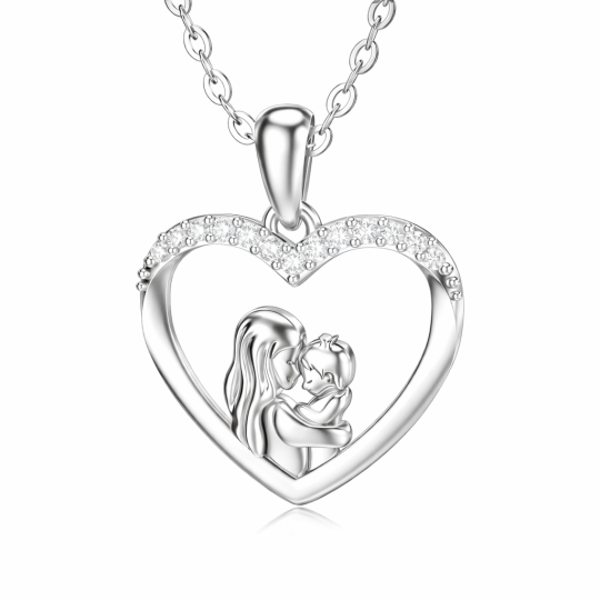Colar com pendente de coração e mãe com moissanita em ouro branco 10K
