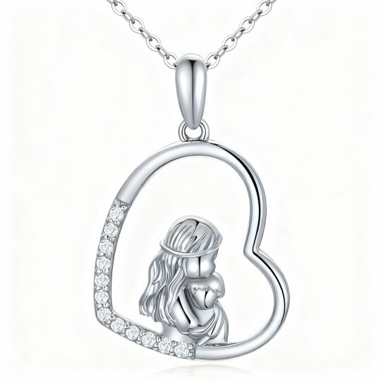 Collar con colgante de oro blanco de 10 quilates con moissanita, madre y corazón