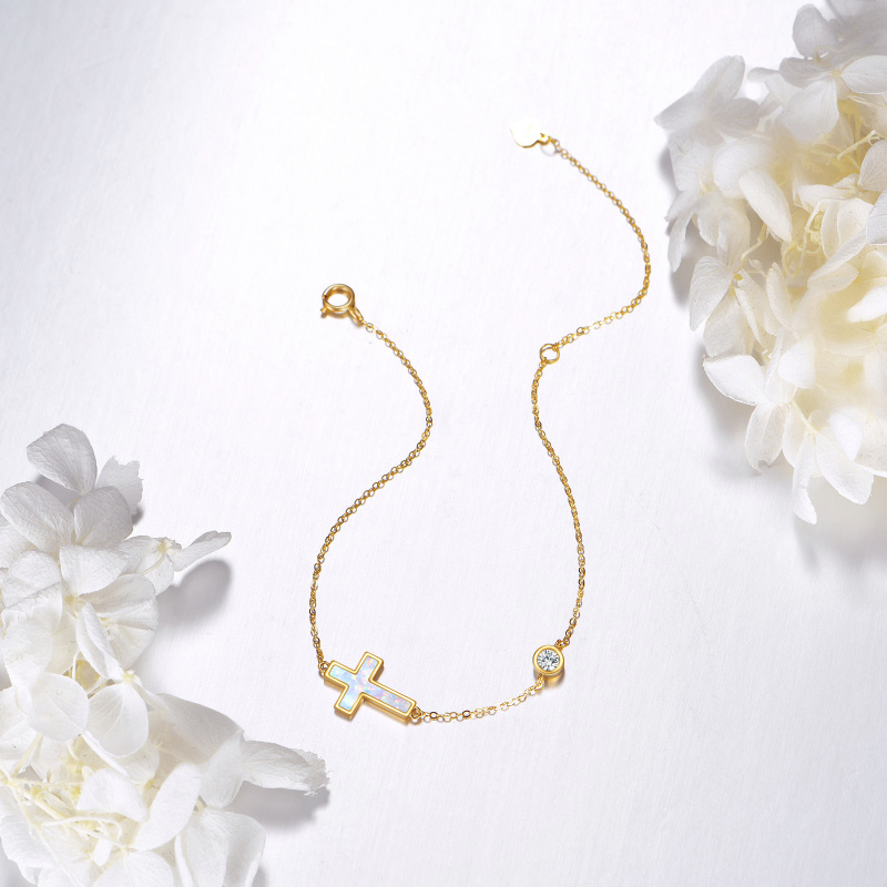 Pulsera de oro de 14 quilates con dije de cruz y círculo de moissanita y ópalo-4