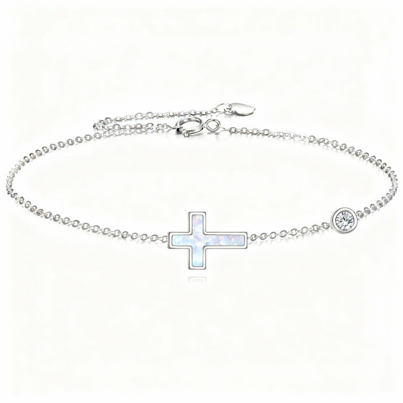 Pulsera de oro blanco de 10 quilates con colgante de cruz y ópalo de moissanita y ópalo.-14