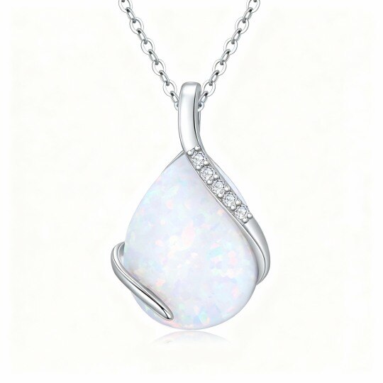 10K White Gold Moissanite & Opal Drop Shape Pendant Necklace