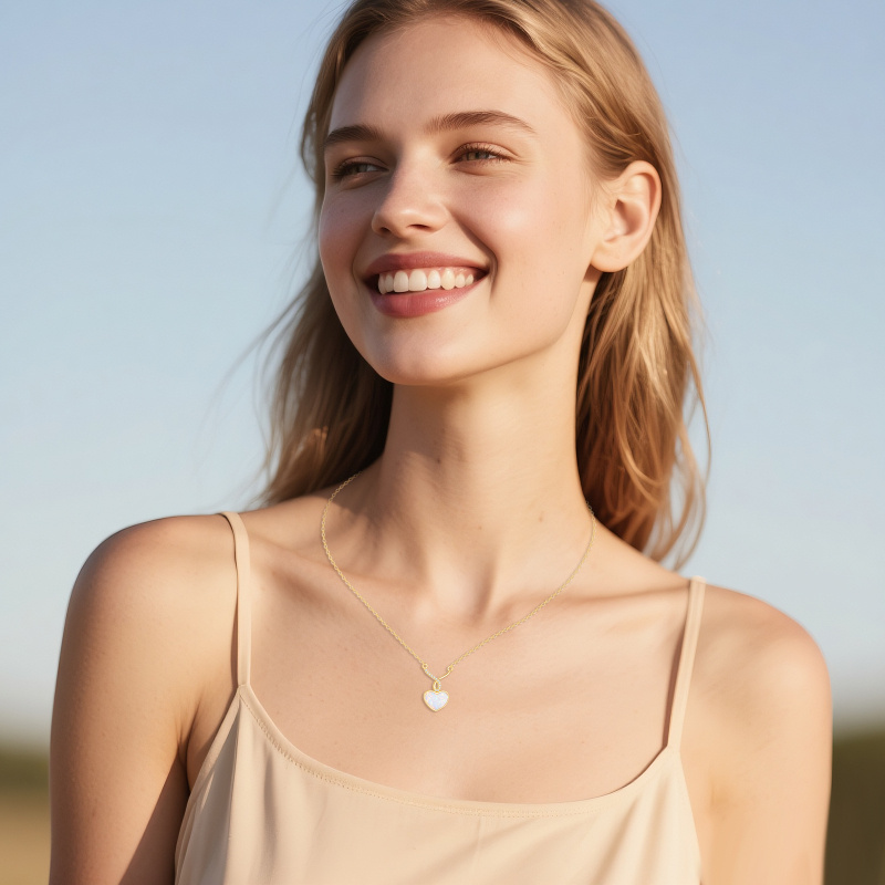 Collier pendentif cœur en or 18 carats, moissanite et opale-2