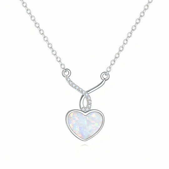 Collier pendentif cœur en or blanc 10 carats, moissanite et opale