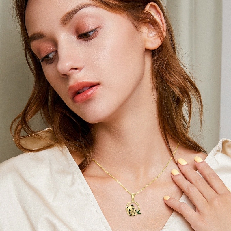 18K Rose Gold Moissanite Panda & Bamboo Pendant Necklace-2