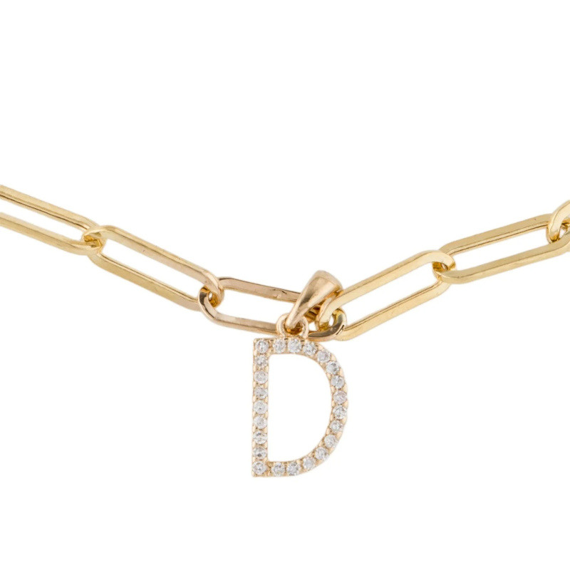 Bracelet trombone en or blanc 14 carats avec moissanite et initiale D-3