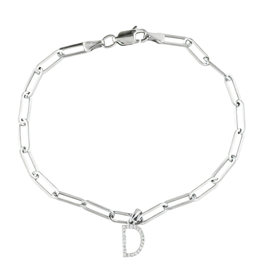 Pulsera tipo clip de papel de moissanita en oro blanco de 10 quilates con la letra inicial D.