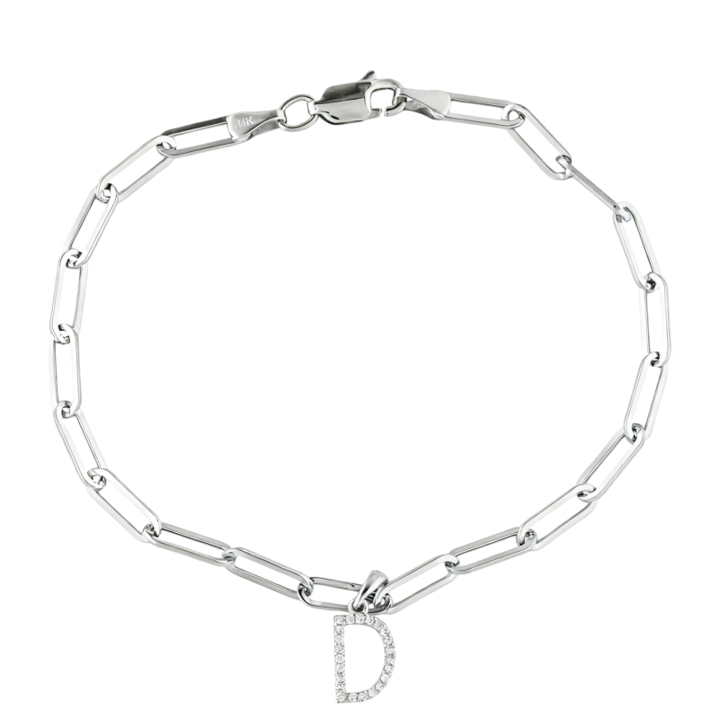 Bracelet trombone en or blanc 14 carats avec moissanite et initiale D-1