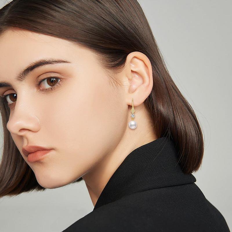 Boucles d'oreilles pendantes en platine plaqué or blanc avec moissanite et perles-2