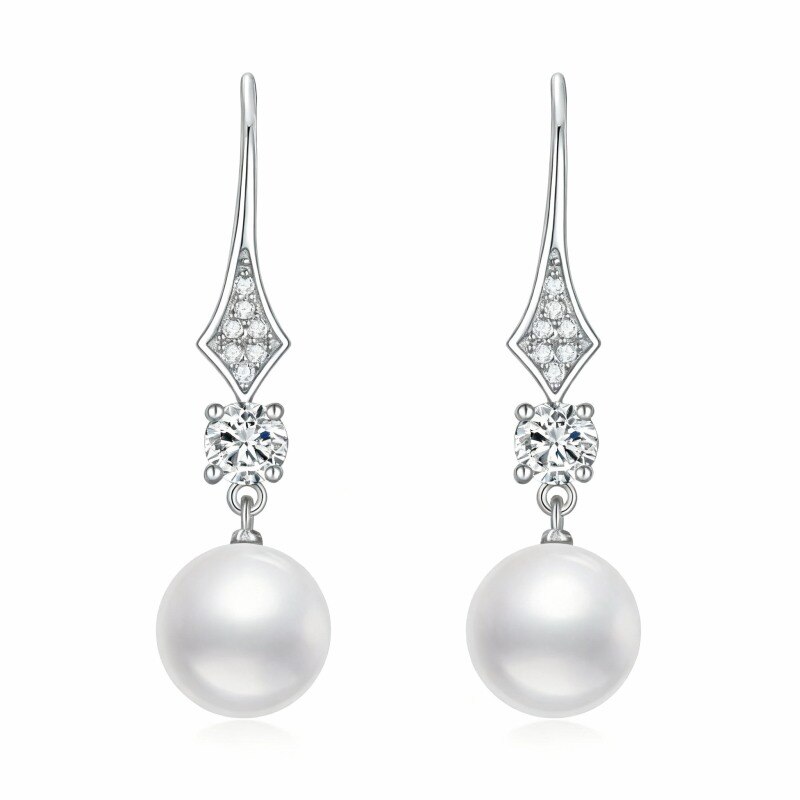 Boucles d'oreilles pendantes en platine plaqué or blanc avec moissanite et perles-1