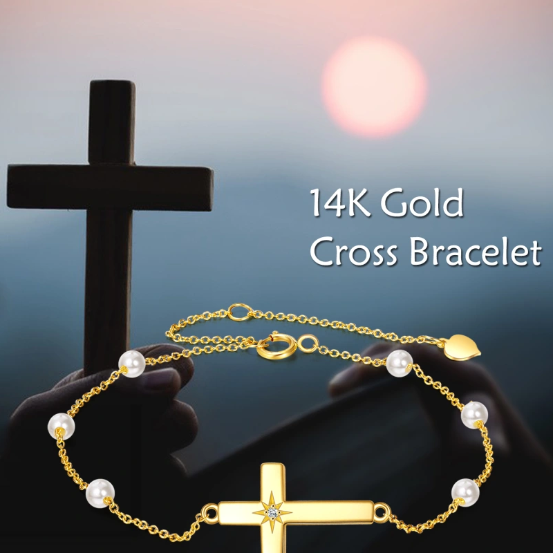 Armband mit Kreuzanhänger aus 10-karätigem Gold, Moissanit und Perle-5