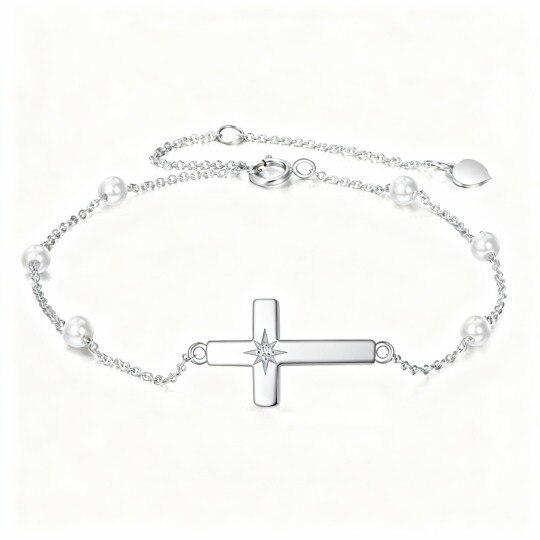 Pulsera con dije de cruz de oro blanco de 10 quilates con moissanita y perlas