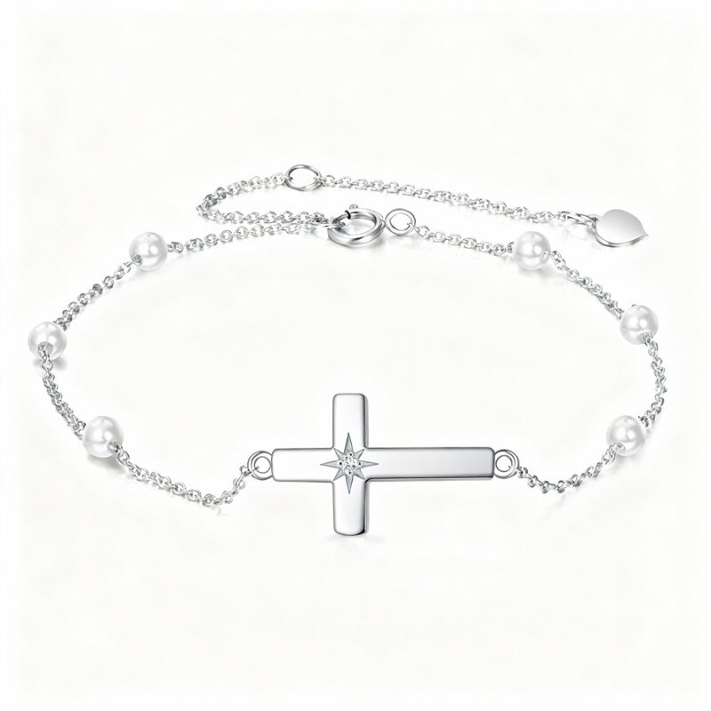 Pulsera de platino con colgante de cruz de moissanita y perlas chapada en oro blanco-1