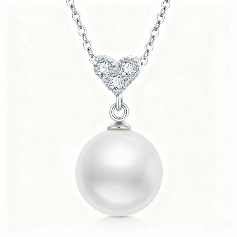 Collar con colgante de corazón de oro blanco de 18 quilates con moissanita y perla-1