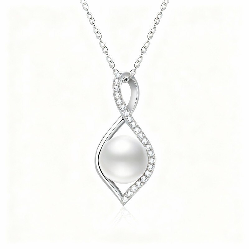 Collar con colgante de símbolo infinito de oro blanco de 10 quilates con moissanita y perla-17
