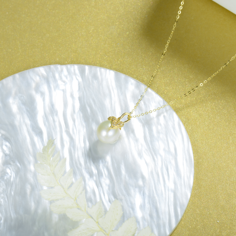 Collier pendentif feuilles en or 18 carats, moissanite et perles-3