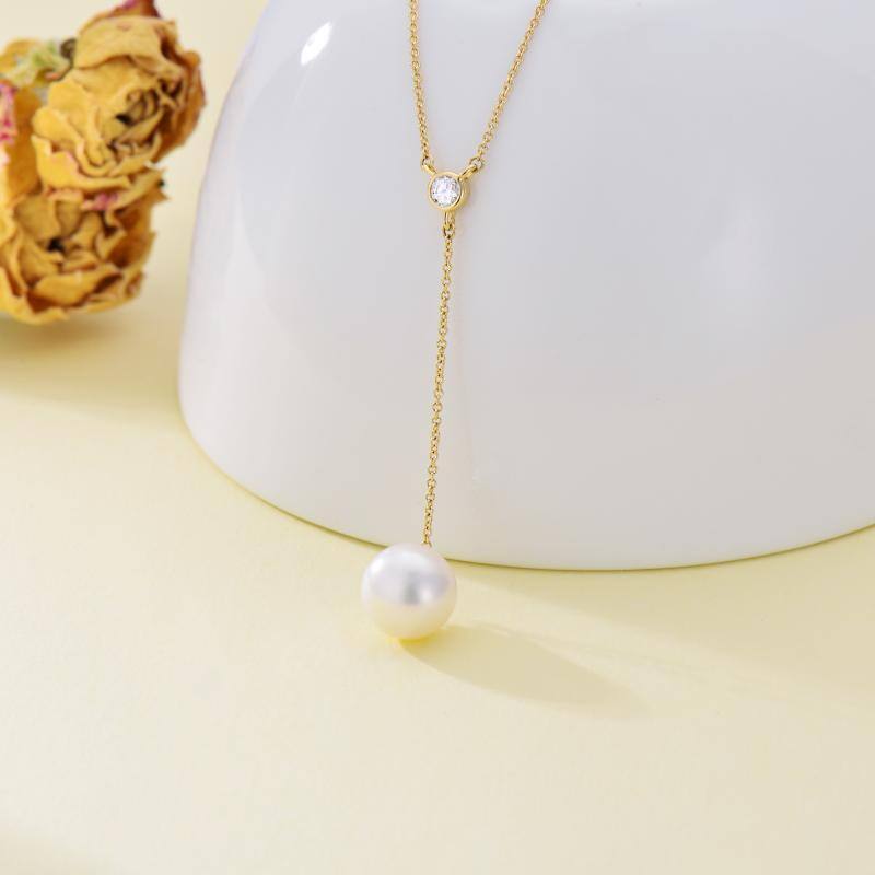 Collar en Y no ajustable de oro de 14 quilates con moissanita y perlas-3