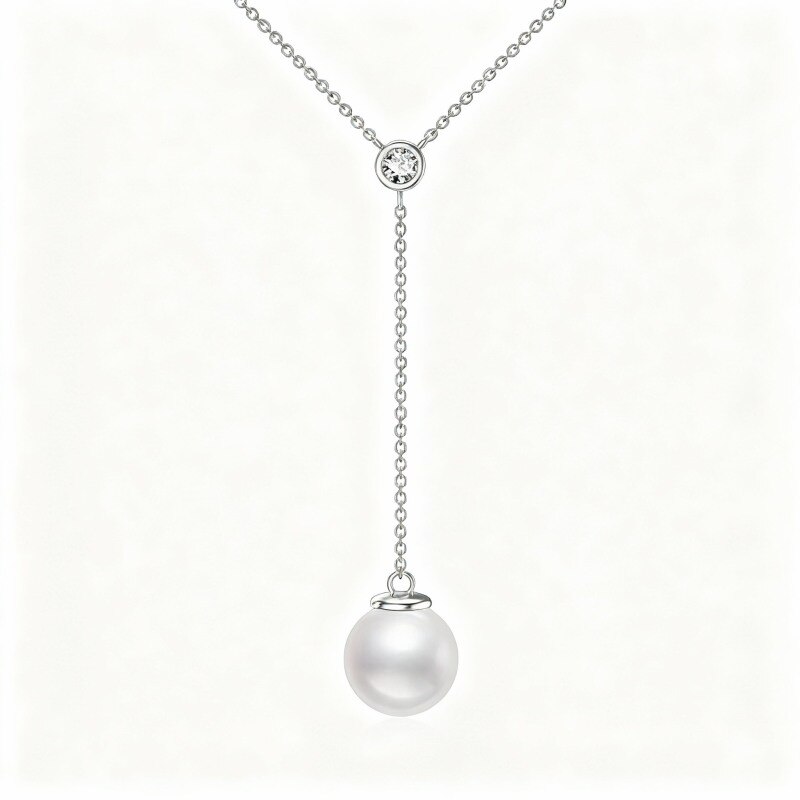 Collar en Y no ajustable de oro blanco de 14 quilates con moissanita y perlas-1