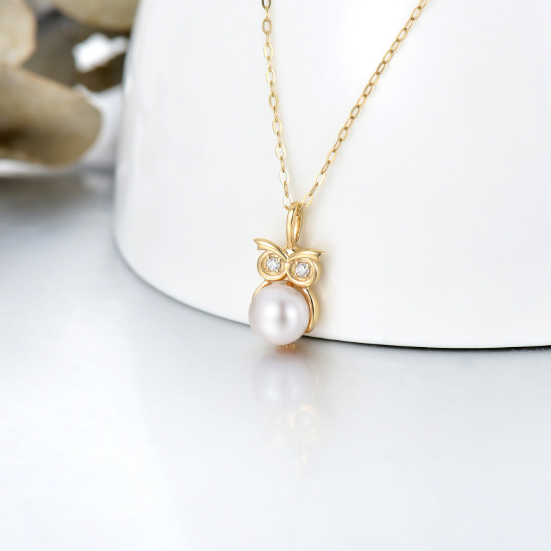 18K Gold Moissanite & Pearl Owl Pendant Necklace-4