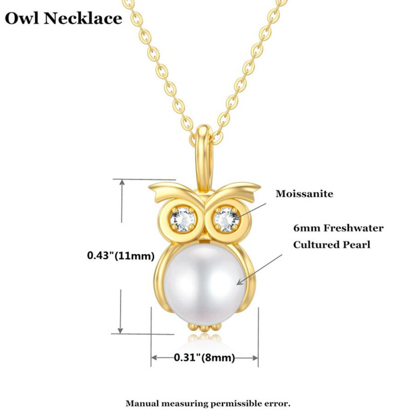 18K Gold Moissanite & Pearl Owl Pendant Necklace-6