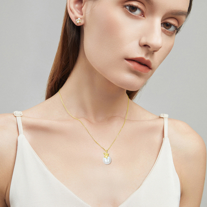 Platinum with White Gold Plated Moissanite & Pearl Pendant Necklace-2