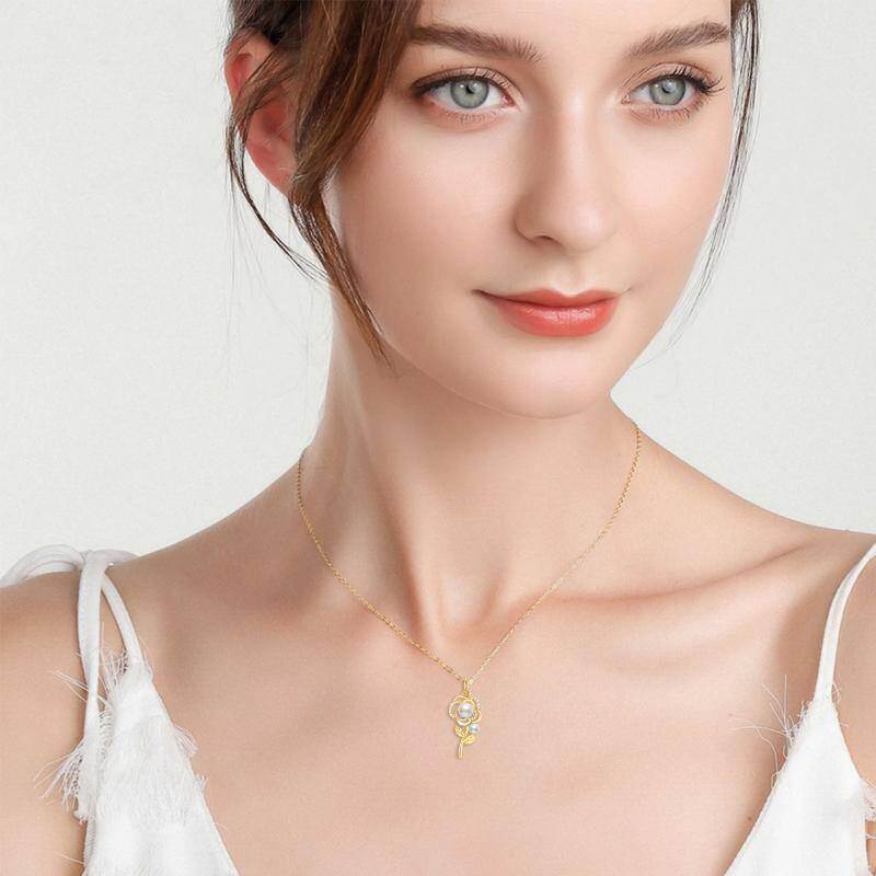 Collar con colgante de rosa de oro blanco de 18 quilates con moissanita y perlas-2