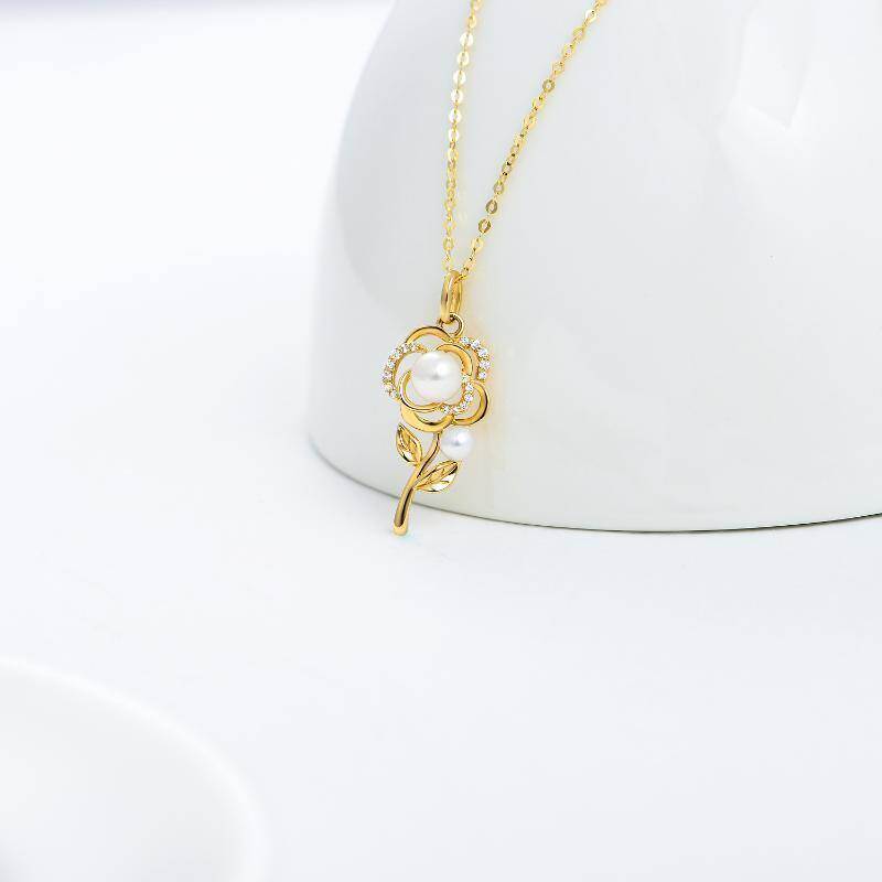 Collar con colgante de rosa de oro blanco de 18 quilates con moissanita y perlas-3