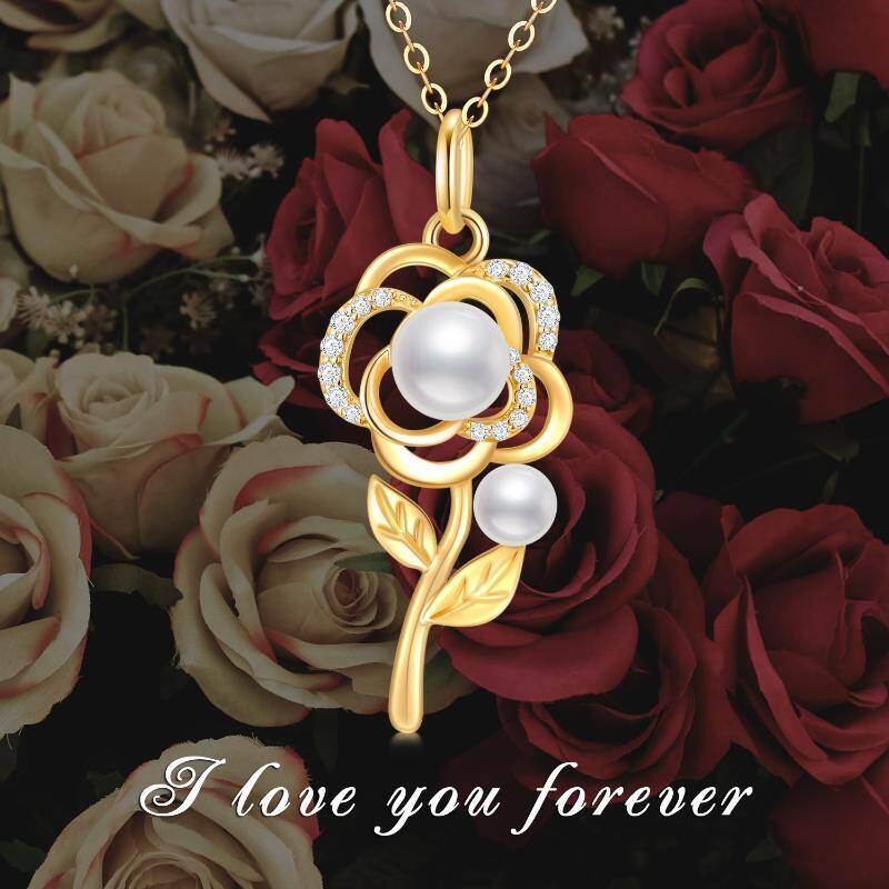 Collar con colgante de rosa de oro blanco de 18 quilates con moissanita y perlas-6