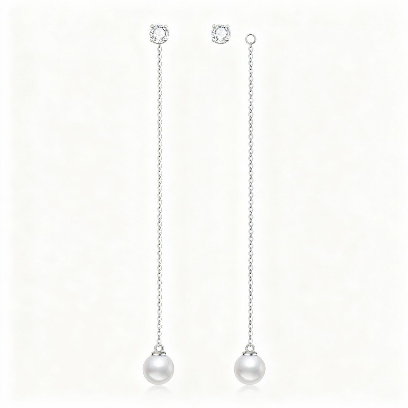 Pendientes colgantes redondos de oro blanco de 10 quilates con moissanita y perlas-11