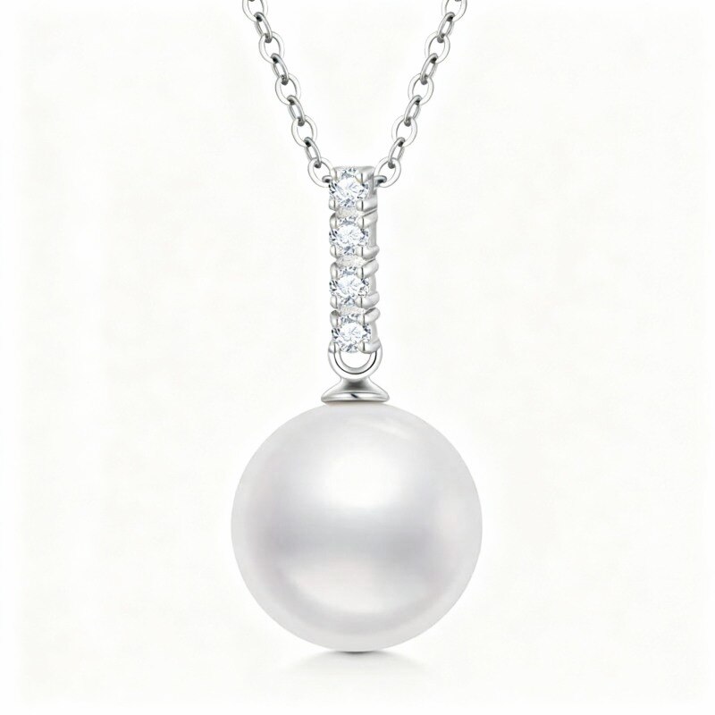 Collar con colgante esférico de oro blanco de 18 quilates con moissanita y perlas-1