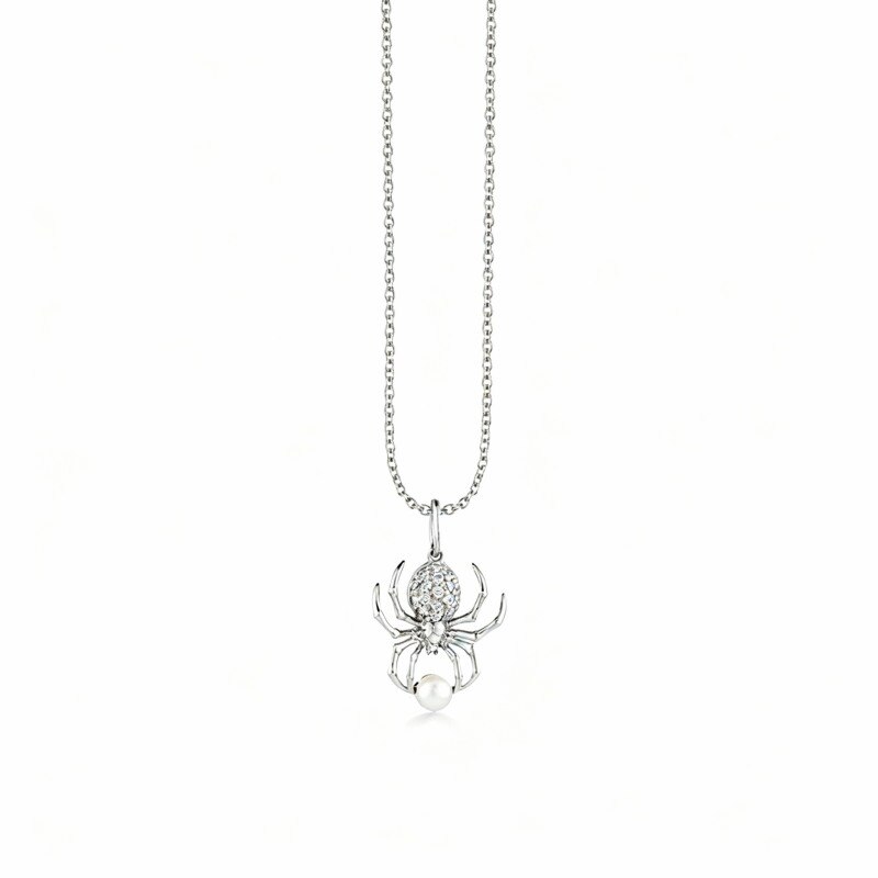 Collar con colgante de araña de platino con moissanita y perlas chapado en oro blanco-1