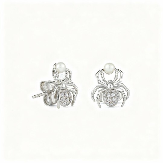 Boucles d'oreilles puces araignée en or blanc 10 carats, moissanite et perle