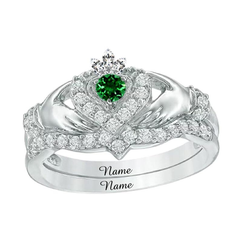 14K White Gold Moissanite Personalized Birthstone and Engraving Heart Ring-1
