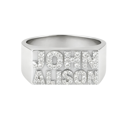 Anillo de oro blanco de 10 quilates con moissanita, personalizado con nombre clásico, para padre, hija, hijo y padre.