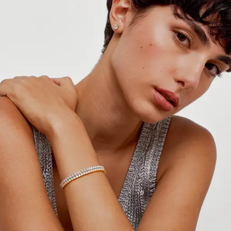 18-karätiges Goldarmband mit personalisierter Gravur, Moissanit-Perlen und Kette für Damen-2