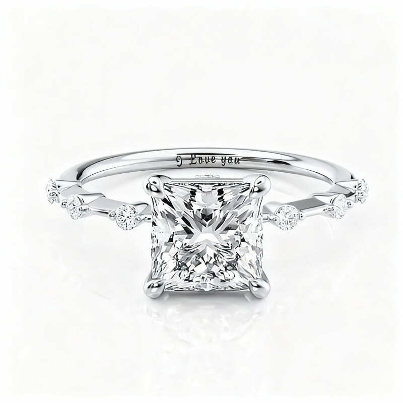 10K White Gold Moissanite Personalized Engraving Engagement Ring-1