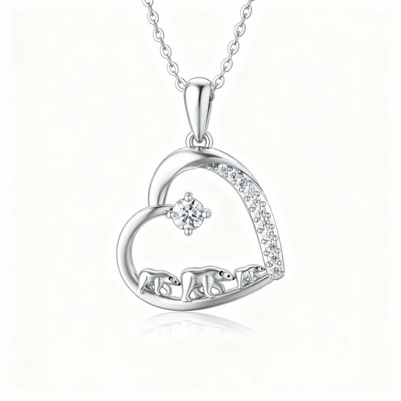 Collar con colgante de oso polar y corazón de moissanita en oro blanco de 10 quilates-1