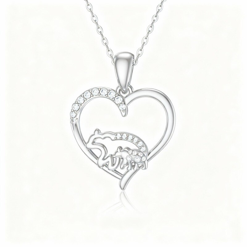14K White Gold Moissanite Polar Bear & Heart Pendant Necklace-1