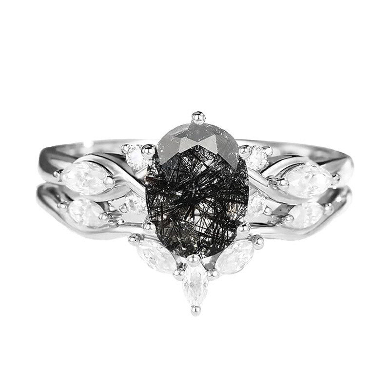 Bague en platine plaqué or blanc avec moissanite et quartz, pierres de guérison-1