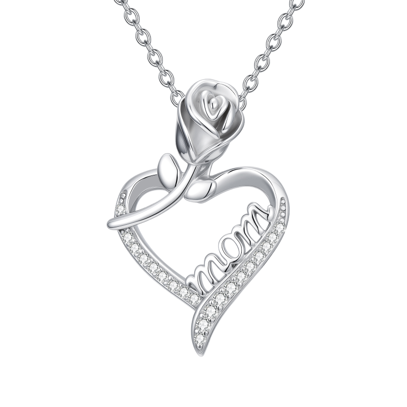Collier pendentif rose et cœur en moissanite plaqué or blanc et platine-1