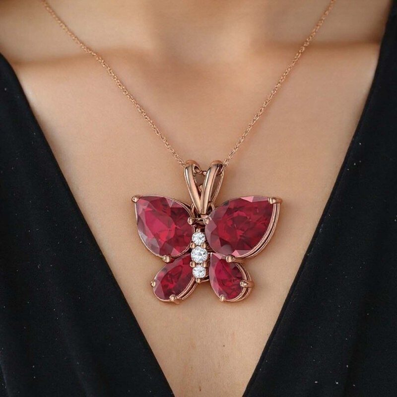 Collier pendentif papillon, mère et sœurs en or 14 carats, moissanite et rubis-2