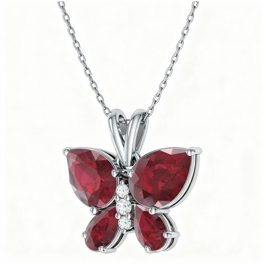 10K White Gold Moissanite & Ruby Butterfly & Mother & Sisters Pendant Necklace