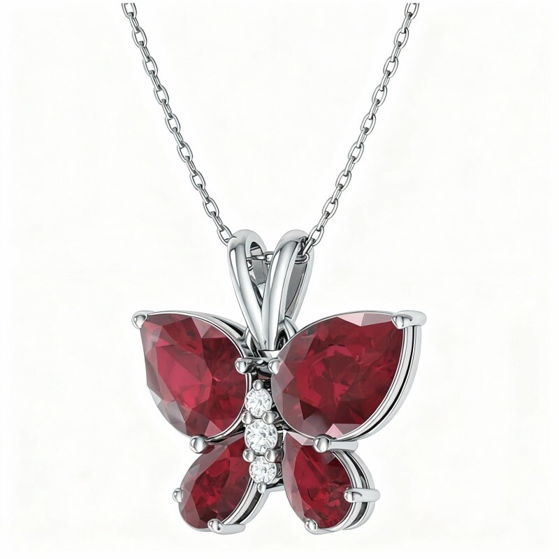 Collier pendentif papillon, mère et sœurs en or blanc 18 carats, moissanite et rubis-1