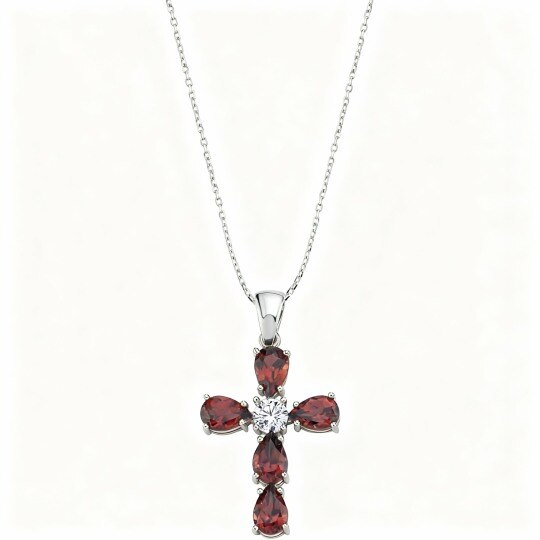 10K White Gold Moissanite & Ruby Cross Pendant Necklace